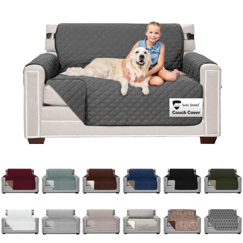 Sofa Shield Loveseat Slip Cover with Patented Strap, Cushion Protector, US Designed Reversible Stain and Dog Tear Resistant Slipcover, 54 inch Seat, Washable Covers for Dogs Pets, Charcoal - Image 1